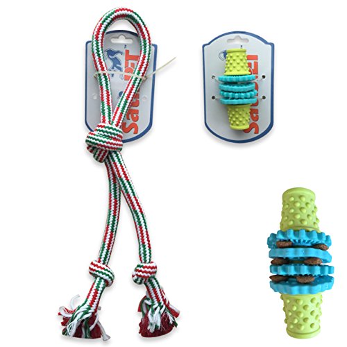SatisPet 2-Piece Dog Toy Set Bundle with 19-Inch Knotted Rope Tug and 7-Inch Spindle Treat for Small and Mini Breeds