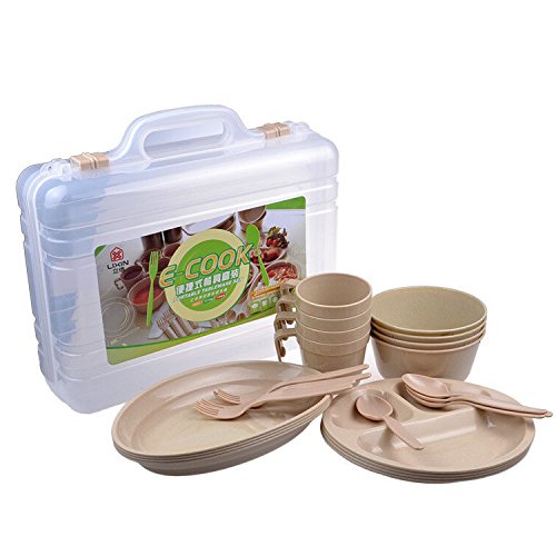 Wealers 24 Piece Plastic Reusable Tableware Set, Outdoor Dinnerware Set, Plates Cups Bowls Spoons Forks, Great for Picnic Camping Fishing or Any Outdoor Event,
