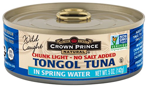 Crown Prince Natural Chunk Light Tongol Tuna in Spring Water, No Salt Added, 5 Ounce Cans (Pack of 12)