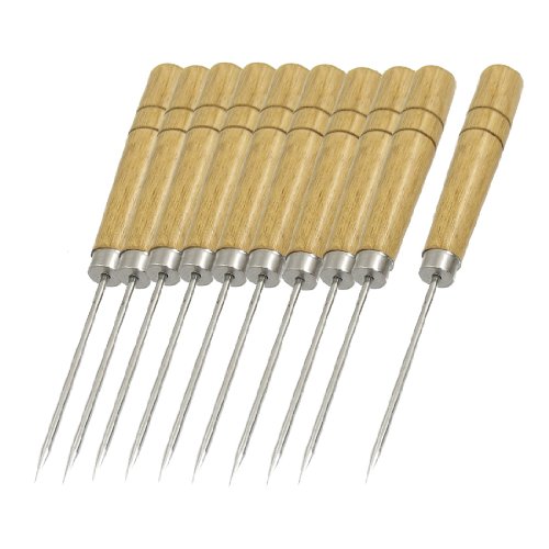 10 Pcs Wooden Handle Silver Tone Straight Needle Pricker Awls