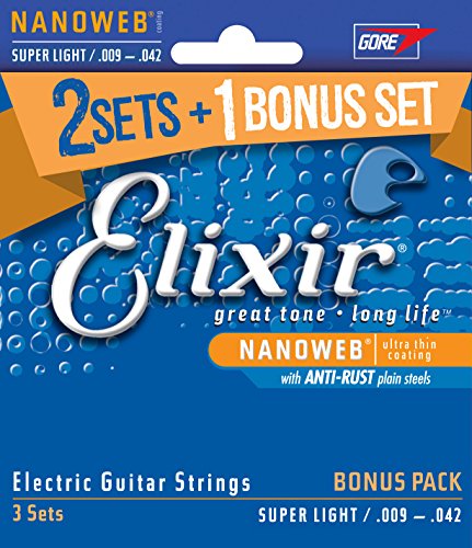 Elixir® Strings 16540 Electric Guitar Strings with NANOWEB® Coating, 3 Pack, Super Light (.009-.042)