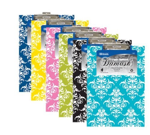 6 Pk, BAZIC Standard Size Damask Paperboard Clipboard w/ Low Profile Clip (Colors May Vary)