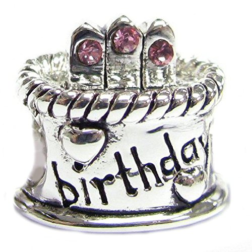 Sterling Silver Pink Rhinestone Simulated October Birthstone Birthday Cake European Bead Charm
