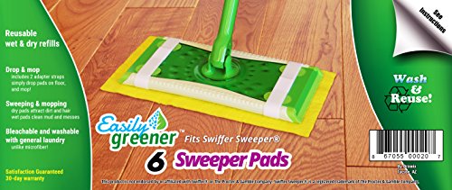 Easily Greener Swiffer Sweeper Reusable Mop Pads, Washable Wet & Dry Refills, 6 Pack