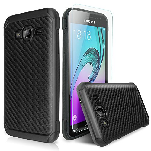 Galaxy J1 (2016) Case, Samsung AMP 2 Case, Samsung J120 Case, Galaxy Express 3 Case With TJS® Tempered Glass Screen Protector, Hybrid Carbon Fiber Shockproof Slim Armor Protection Case (Black)