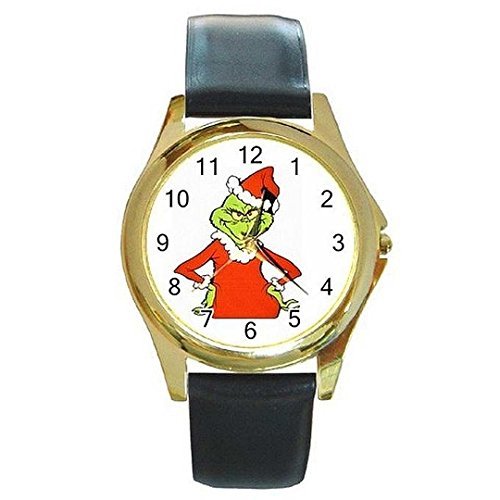 Christmas Grinch in Santa Outfit on a Womens or Girls Gold Tone Watch with Leather Band