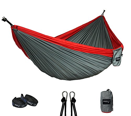 Nylon Double Camping Hammock With Tree Straps and Carabiners- Lightweight Portable Parachute Nylon for Backpacking, Recreation, Beach, Travel, Yard. (Red/Grey)