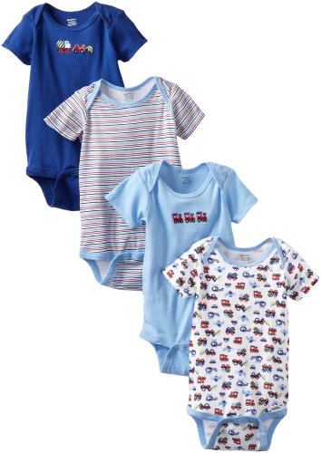 Gerber Baby Boys' 4 Pack Boy Variety Onesies Brand With Trains, Blue, 18 Months