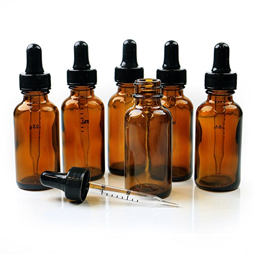 New High Quality 1oz. Amber Glass Empty Bottles Perfect for Essential Oils with Calibrated Glass Eye Droppers, Set of 6