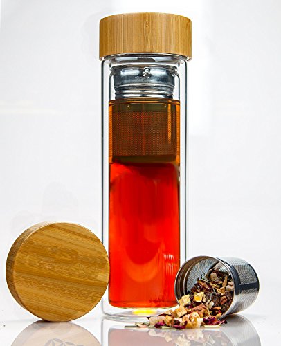 Tea Infuser Bottle by IBCE - Double-wall Glass Tea Tumbler with Stainless Steel Tea Filter and Bamboo Lid