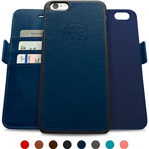 Dreem Fibonacci iP6+V5 RFID Wallet Case with Detachable Folio, Premium Vegan Leather, 2 Kickstands, Gift Box, for iPhone 6/6s PLUS - Dark Blue