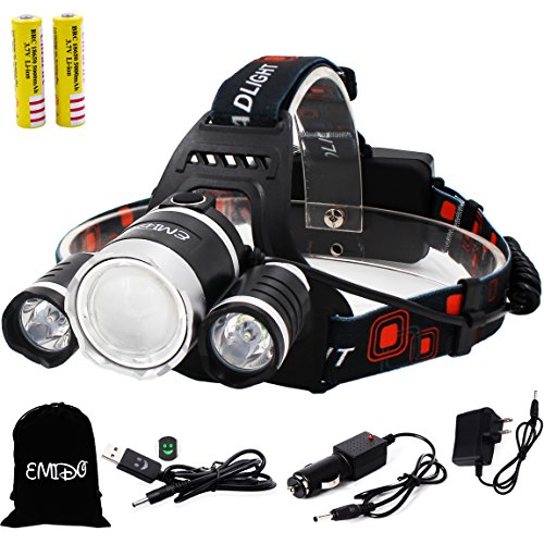 EMIDO Zoomable 4 Modes Super Bright Headlight Headlamp Flashlight Torch 3 CREE XM-L T6 LED with Rechargeable Batteries, Car Charger, AC Charger and USB Cable for Camping Riding Fishing Hunting