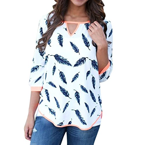 ROPALIA Womens V-neck 3/4 Long Sleeve T-shirts Casual Leaves Print Tops Blouse