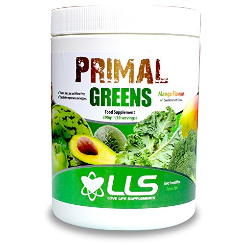 LLS Primal Greens Powder | 390g Tub / 30 Servings | A Blend of 15 Nutrient Dense Green Superfoods | Easily Increase Your Daily Nutrient Intake | Suitable for Vegetarians and Vegans | Natural Mango Flavour with Stevia | Produced in the UK | Love Life Supplements - Live Healthy. Love Life.