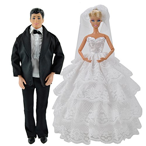E-TING Beautiful Wedding Gown Dress Clothes + Formal Suit Outfit For Barbie Ken Doll