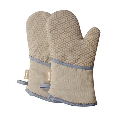 Honla Kitchen Textiles-13 Inch Long Oven Mitts with Silicone Grip,100% Quilted Cotton with Terry Cloth Lining Oven Gloves,Pot Holders for Cooking&Barbecue,1 Pair,Khaki