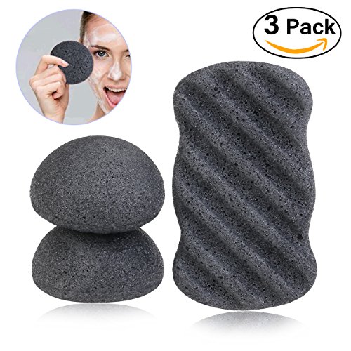 PIXNOR Konjac Sponge All Natural Facial Body Sponges with Activated Bamboo Charcoal - 3 Pack