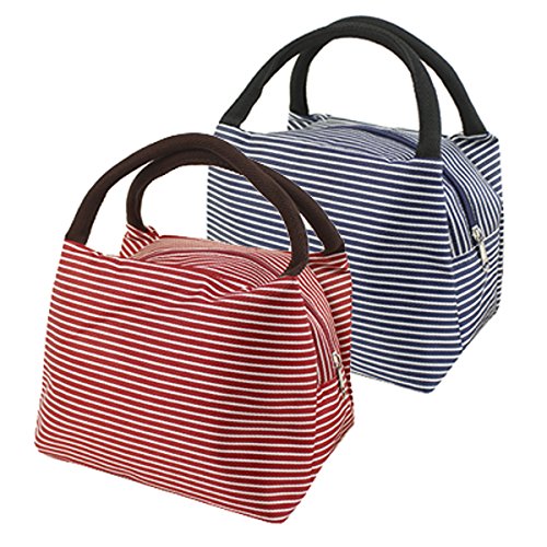 Sealike 2 Pcs Lunch Bags Stripe Lunch Tote Bag with Stylus Red Blue