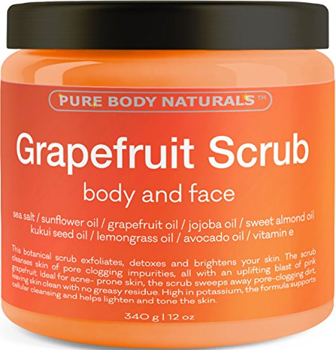 Grapefruit Scrub for Face and Body - Facial Scrub Exfoliator Cleans Acne-Prone Pores and Brightens Complexion - Body Exfoliator Detoxes and Protects Skin - With Grapefruit Oil, Sea Salt, and Vitamin E
