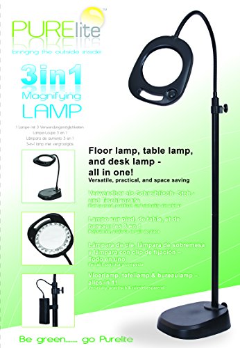 PURElite 3 in 1 Magnifying Lamp In Black Battery/Mains Magnifying Lamp Uses 21 LED Lights