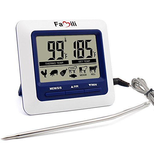 Famili MT004 Digital Meat Food Cooking Thermometer Kitchen Thermometer with Countdown Timer Alarm, Stainless Steel Probe on Braided Steel Cable for Oven, Grill, Smoker or BBQ