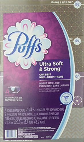 Puffs Ultra Soft and Strong Facial Tissues, 4 Family Boxes, 124 Tissues Per Box- Packaging May Vary