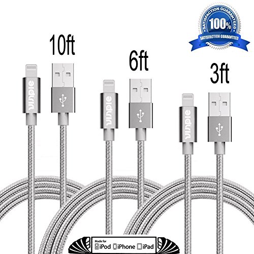 Vinpie 3 Pack 8 Pin Lightning to USB Cable,Extra Long Nylon Braided Sync and Charging Cords for iPhone 6s,6s plus, 6 Plus, 6, iPhone 5 ,5C ,5S,SE, iPad Air, iPod 5,and iPod 7 (3ft+6ft+10ft Gray)