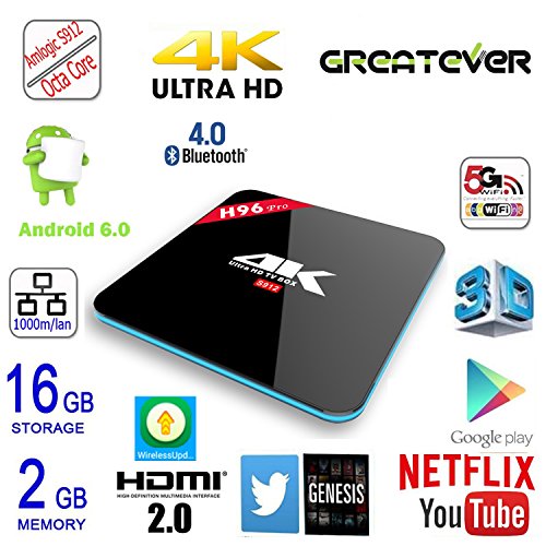 Greatever H96 PRO TV BOX Amlogic S912 Octa Core Android 6.0 Marshmallow 2G 16GB H.265 4K UHD 3D GooglePlay Store Pre-installed Dual WiFi 2.4G/5G Bluetooth4.0 1000M Ethernet Streaming Media Player