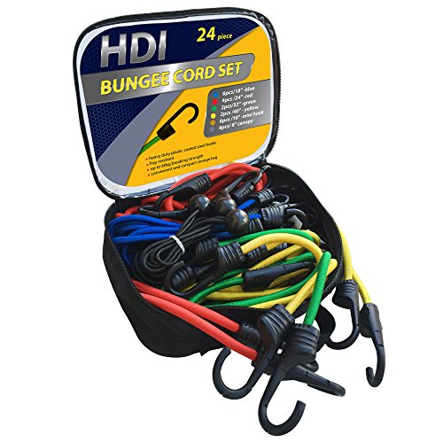 24 Piece Bungee Cord Assortment in Easy Store Bag By HDI, Heavy Duty Coated Steel Hooks with UV Resistant Braided Nylon Covered Cords for Strength and Stretch!
