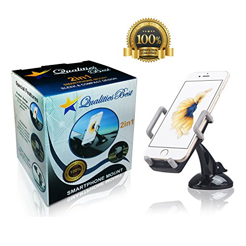 Car Phone Holder / Mount / Cradle, 2 in 1 QUALITIES BEST Super Quality Universal Dashboard & Wind-shield Mobile Phone Holder for iPhone, Samsung, HTC, Droid, LG & Other Smartphones Screens up to 6, comes with one year warranty