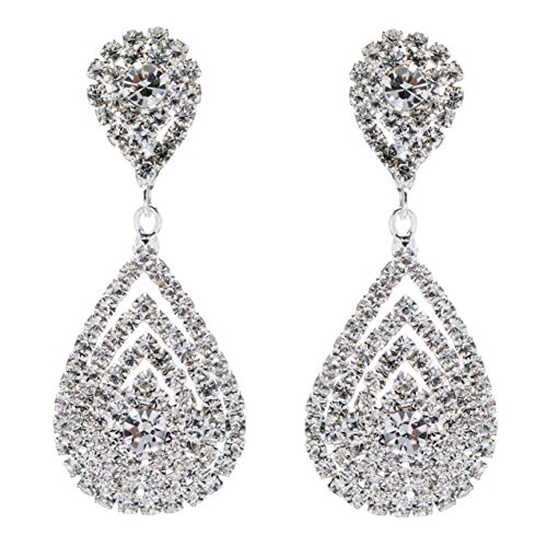 ACCESSORIESFOREVER Bridal Wedding Jewelry Beautiful Dazzle Crystal Dangle Fashion 3D Earring Silver