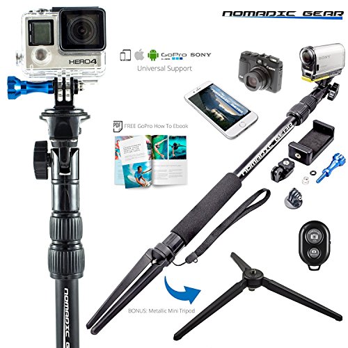 Nomadic Gear® Selfie Stick & Tripod: Professional Quality, Highest Rated Selfie Stick bundle with Sturdy Metallic Tripod Attachment and Bluetooth Remote | Universal support for Smartphones and Cameras | Heavy-Duty Rugged Waterproof Design | Make a Perfect Gift for Travel Photography & Epic Adventure Selfies | Receive Free Ebook Guide!