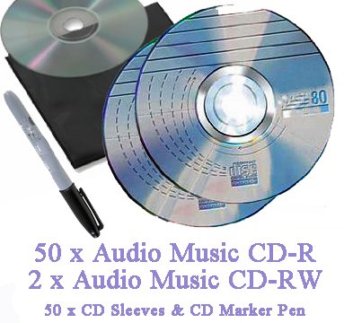 Recordable Audio Music CD-R Pack 50 x 80 minute Blank Music CD (Compact Disc Digital Audio Recordable) + 2 x Audio Music CD-RW + CD Sleeves to fit + CD Marker Pen - Compatible with Steepletone Edinburgh, Lancaster, SMC922, SMC1033 & SMC595 + Inovalley Retro 09 & Retro 11 Paris + TEAC LP-R400 & LPR500 Music Centres, etc (By SXEY Electronics Ltd)