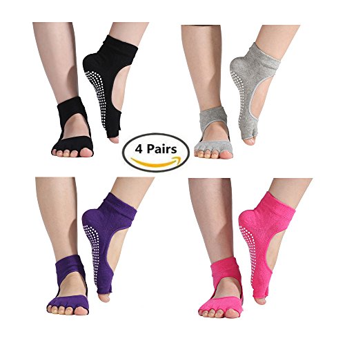 Pack of 4 Toeless Yoga Pilates Socks Grippy Barre Non Slip Skid Cotton for Women