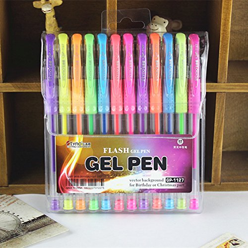 Heartybay Colored Gel Pens Flash and Bright Colored for Adult Coloring Book Drawing Pens for Sketch Gel Pens Set, 12 Assorted Colors