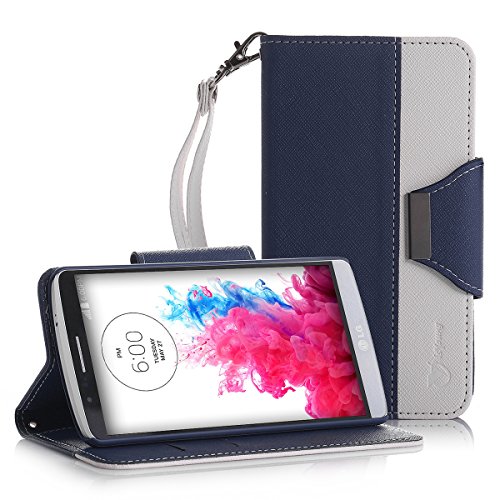LG G3 Case, isYoung® Premium PU Leather Wallet Case Cover for LG G3 5.5 inch with Card Slots, Stand Feature, Magnetic Closure, Wrist strap + Screen Protector + Stylus (Navy Blue) - Not Fit for LG G3 Vigor/Beat/Stylus