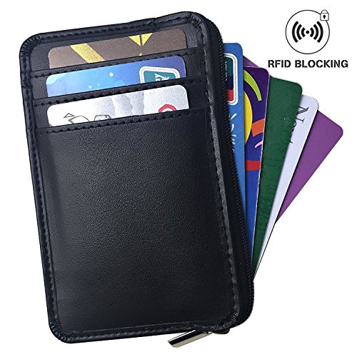 Rfid Blocking Sleeves Front Pocket Wallet for Men, Secure Sleeve Mini Card Holder with Zipper and Id Window, Genuine Leather Durable Slim Wallets