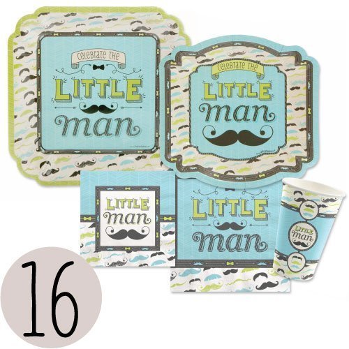 Dashing Little Man Mustache - Party Tableware Plates, Cups, Napkins - Bundle for 16