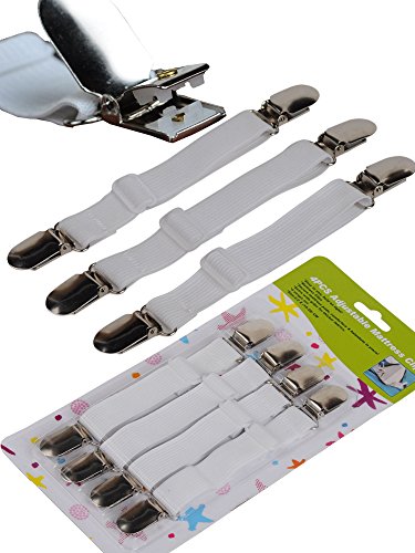 BS® 4pcs/set High Quality White Adjustable Bed Sheet Corner Holder Elastic Straps Fasteners Clips Grippers Mattress Cover Sheet Suspenders, Nickel Plated Clamps with Fabric Protector