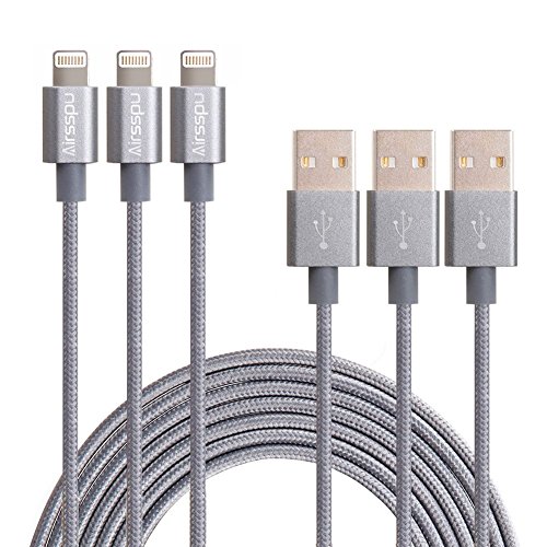 Airsspu 3Pack 10ft Nylon Braided Lightning USB Charging Cables Cord for iPhone 6s/ 6s Plus/ 6 Plus/ 6/ 5s/ 5c/ 5, iPad Mini/ Air/ 5 and iPod(Gray)