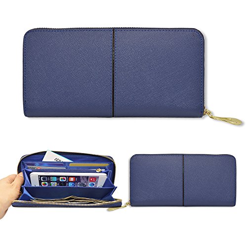 BelfenWomen Wristlet Clutch [Genuine Saffiano Leather] [Blue]Zipper Leather Wallet Case with Card Holder/Cash pocket-Smartphone wallet for phone Up to 6 x 3.1*0.3 Inch