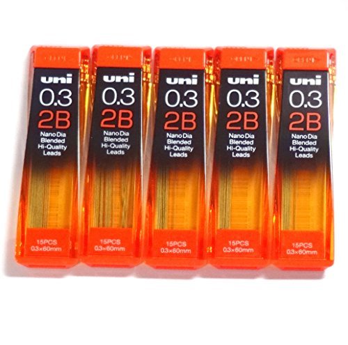 Uni NanoDia Low-Wear Pencil Leads 0.3 mm 2B, 15 Leads X 5 Pack/total 75 Leads (Japan Import) [Komainu-Dou Original Packege]