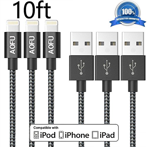 AOFU iPhone Cable 3Pack 10ft  Extra Long Nylon Braided Lightning to USB Charging Cable for iPhone 6/6s/6 plus/6s plus,5c/5s/5,iPad Air/Mini,iPod Nano(Space Grey)
