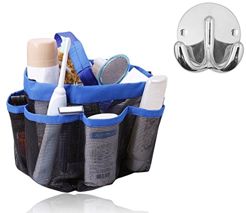 IPOW 8 Pockets Shower Caddy for Bathroom Accessories & Mirror Bundle with Double Robe & Towel Hook in Bright Chrome