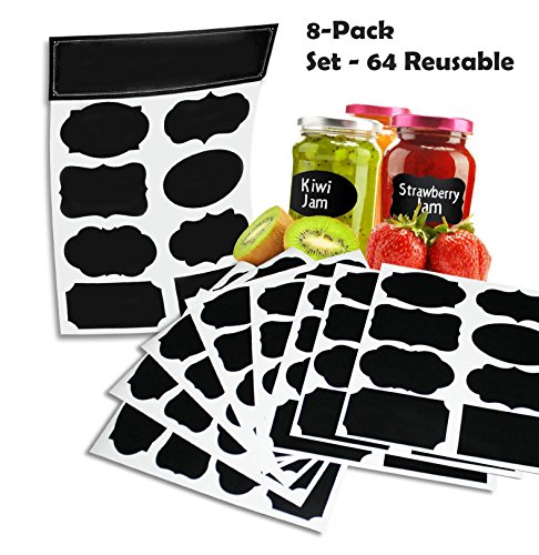 #1 64 Reusable Reusable (8 Sheet Pack) Premium Quality Black Decorative Adhesive Stickers-Pantry Storage Organizer, Mason Jar Chalk Labels, Gift Tags, Classroom Organization - Write Peel and Stick!