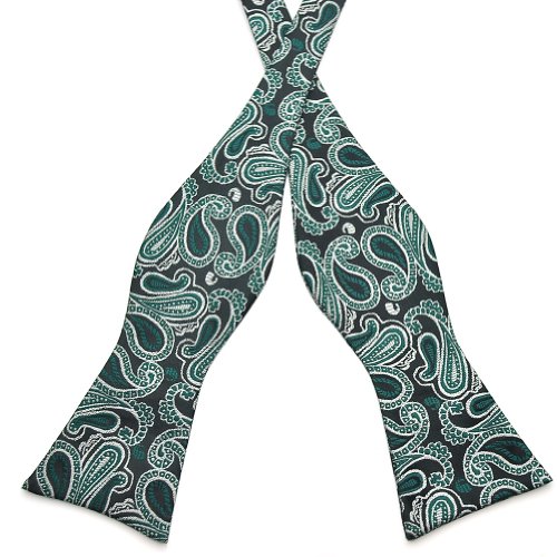 Pensee Mens Self Bow Tie Green & Black & Grey Paisley Jacquard Woven Silk Bow Ties