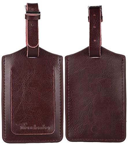 Travelambo Genuine Leather Luggage Bag Tags Color Brown 2 Pieces Set