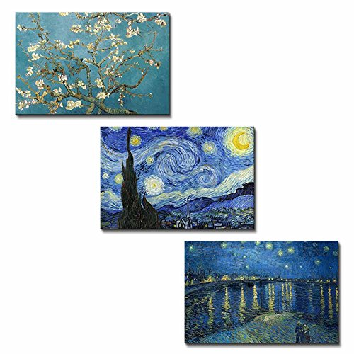 Van Gogh Replica Set of 3 - The Starry Night & The Starry Night Over the Rhone River&Almond Blossoms Canvas Prints- 24x36 x 3 Panels