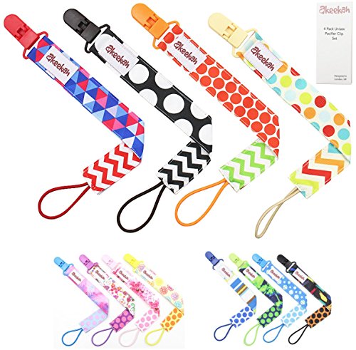 Pacifier Clip 4 Pack by Akeekah Unique 2 Sided Unisex Design Pacifier Holder for Boy and Girl Binky Leash with Plastic Clip Washable Perfect Baby Shower Gift
