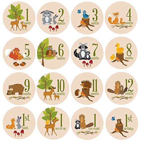 Baby Milestone Stickers by ZELDA MATILDA Gorgeous Woodland Critters Monthly Growth Bodysuit Stickers Beautiful and Original 16 piece - 4 Inch Sticker Set for Clothing - A Must Have For Baby Pictures!